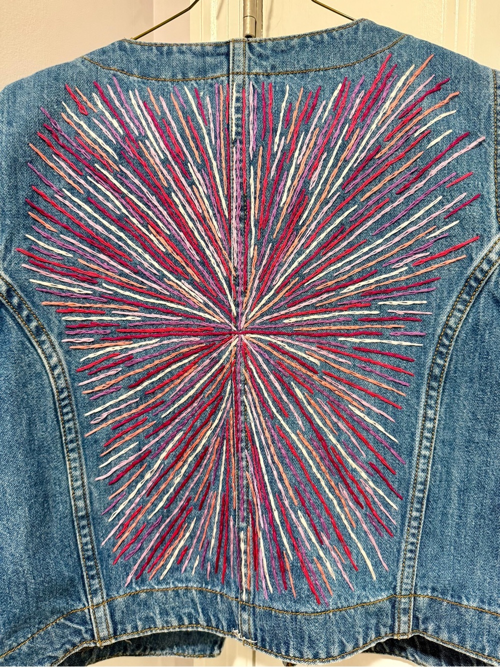 Universal Thread Blue Denim Vest with Pink & White Starburst Embroidery - Picture 3 of 4